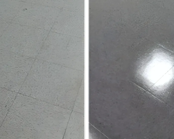 Grey VCT floor before restoration on the left, polished on the right