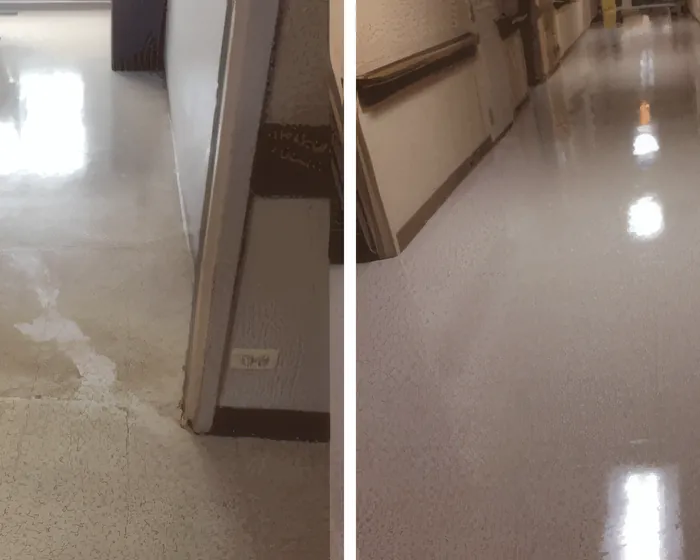 Restroom tile floor before restoration on the left, cleaned and sealed on the right