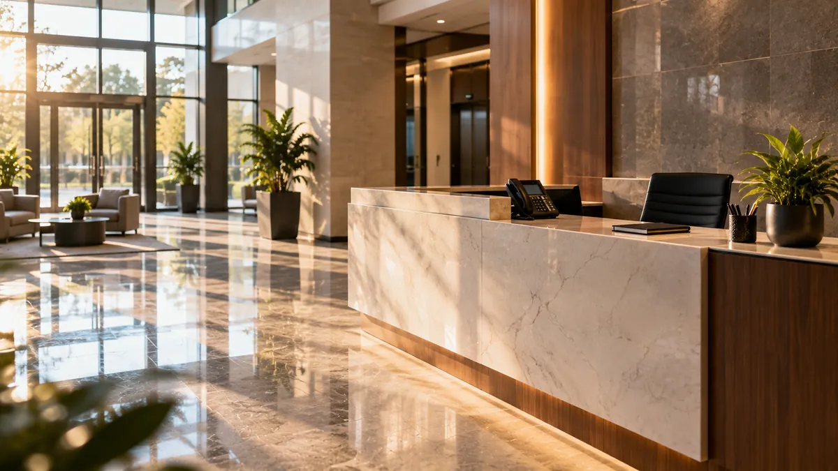 A tidy reception desk in a clean office lobby with a desk phone, a closed notebook and a polished floor in soft morning light