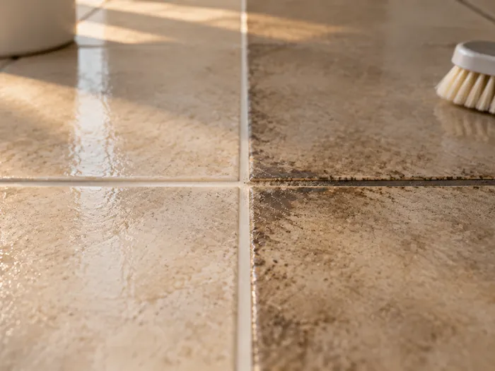 Close detail of a wet line of fresh floor finish on vinyl tile, a flat finish mop resting at its edge and a scrubber pad on the floor beside it