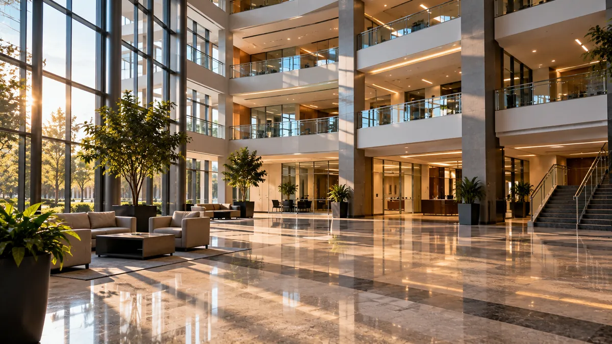 A wide view of a multi story office atrium, a polished stone floor on the ground level and clean glass railings on each floor above