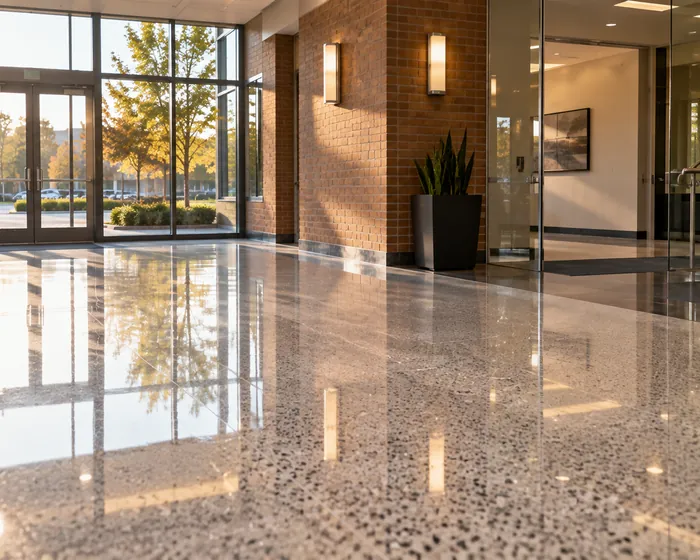 Polished terrazzo floor in an office lobby reflecting the ceiling lights