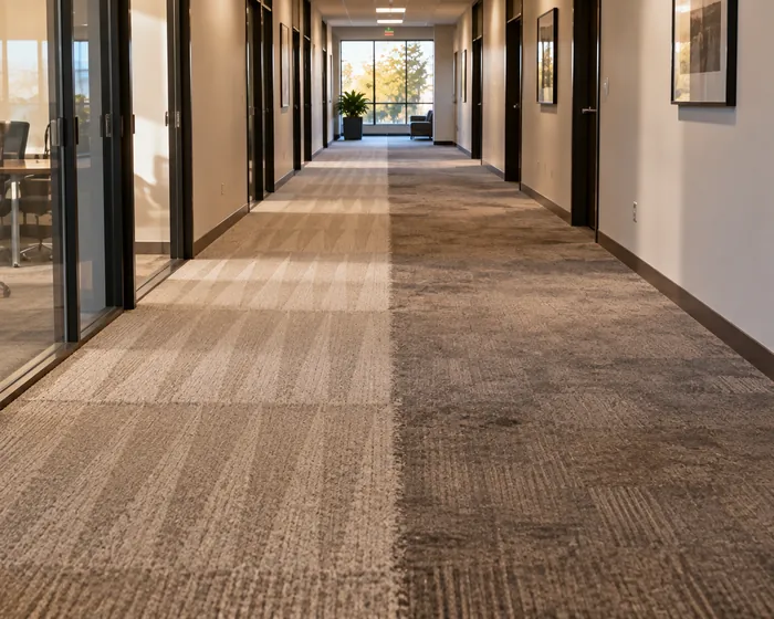 Office corridor carpet with the cleaned half darker and even beside the untreated half