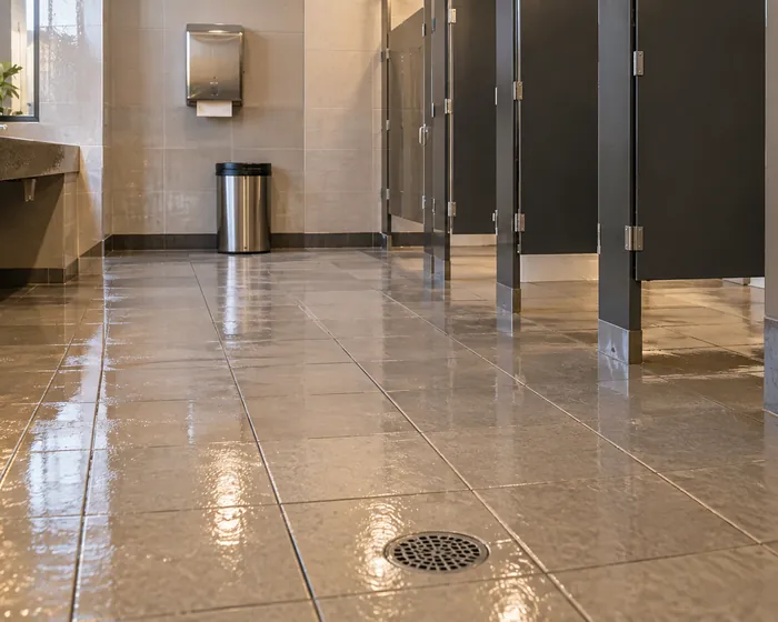 Commercial restroom tile floor and grout clean and still damp after pressure washing