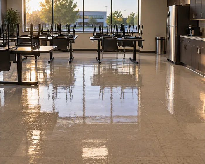 Break room vinyl tile floor with a fresh glossy finish