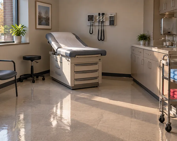 Clean medical exam room with wiped counters and folded microfiber cloths on a cart