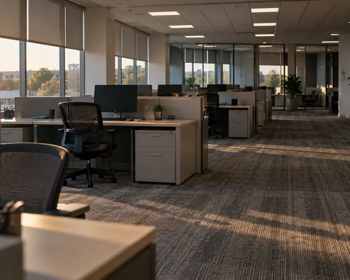 Empty open plan office with wiped desks and freshly vacuumed carpet