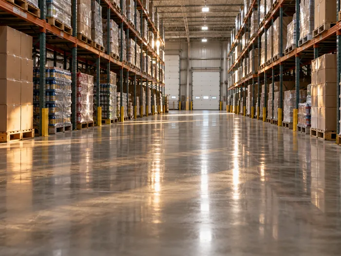 Warehouse polished concrete floor running between pallet racks