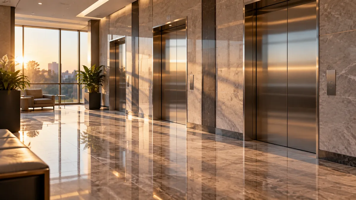 Polished stone floor in a clean corporate office lobby